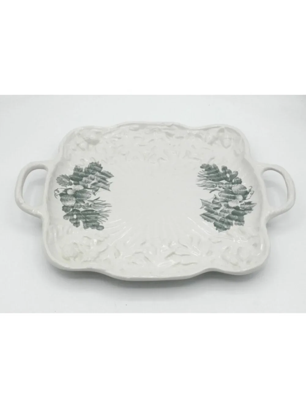 Aradia Square Serving Platter with Handles Portuguese Embossed Ceramic Acorns